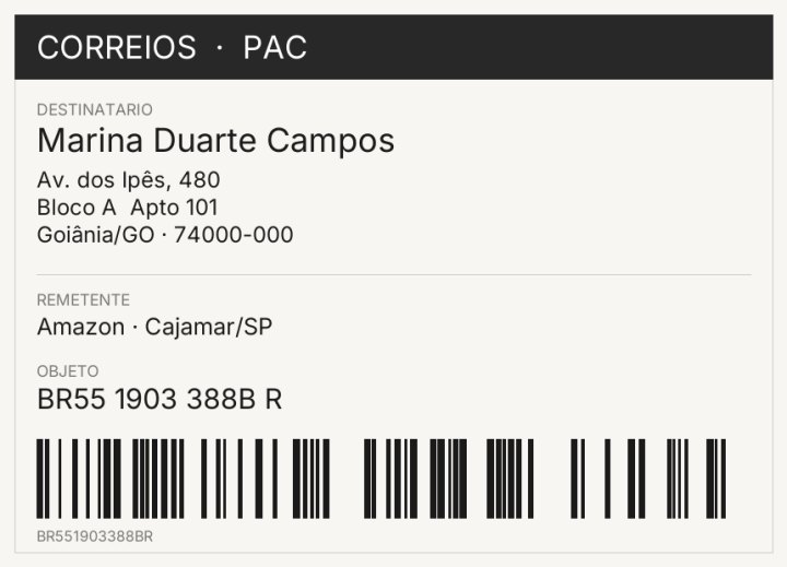 Foto da etiqueta registrada pelo porteiro: destinatária Marina Duarte Campos, Bloco A apto 101, remetente e código de rastreio.